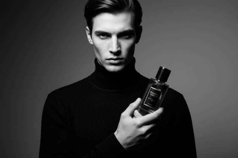 Visuel noir et blanc avec flacon Prestige Parfum forme originale